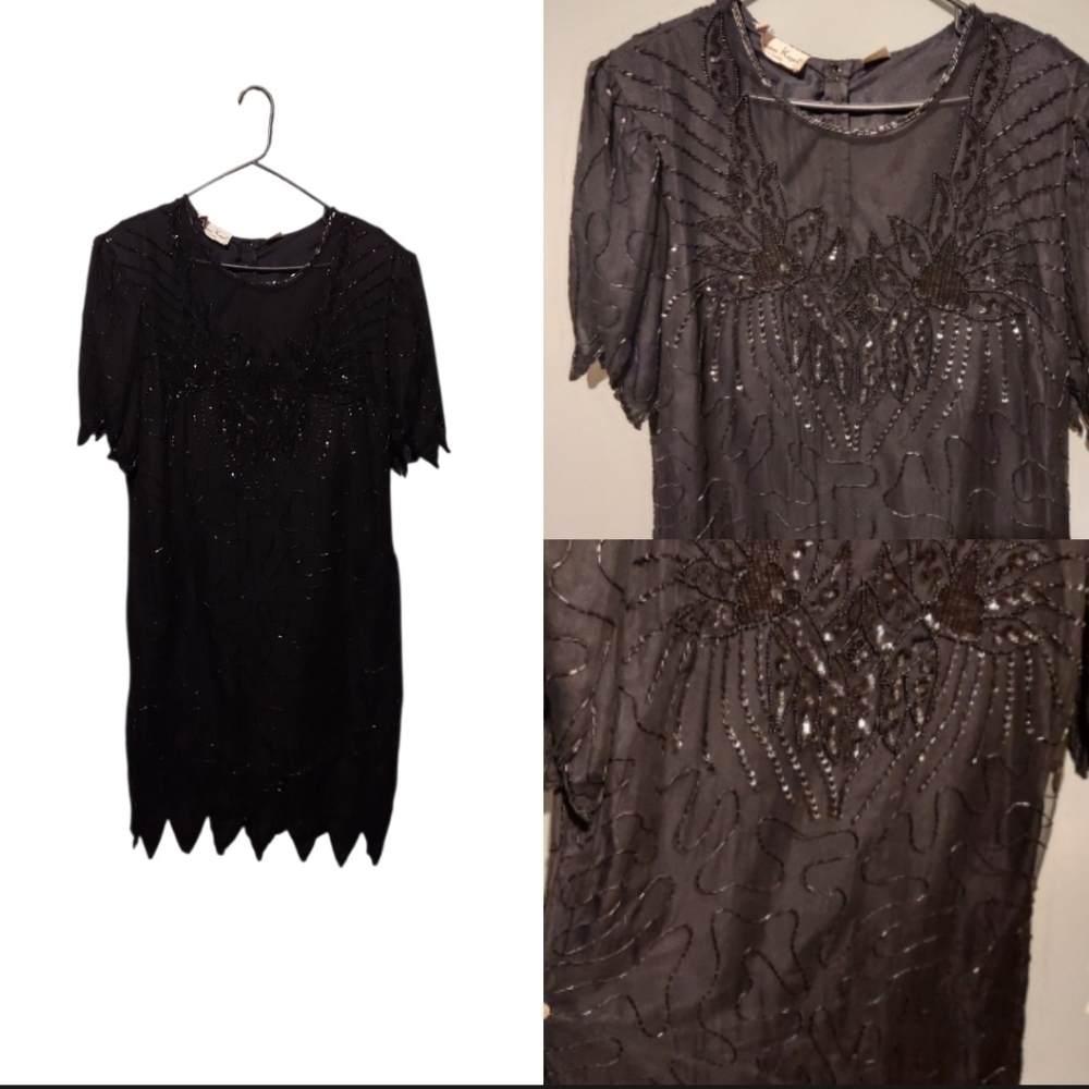 Vintage Whimsigoth Dress Silk Beaded Size 1X Black Formal Halloween Christmas